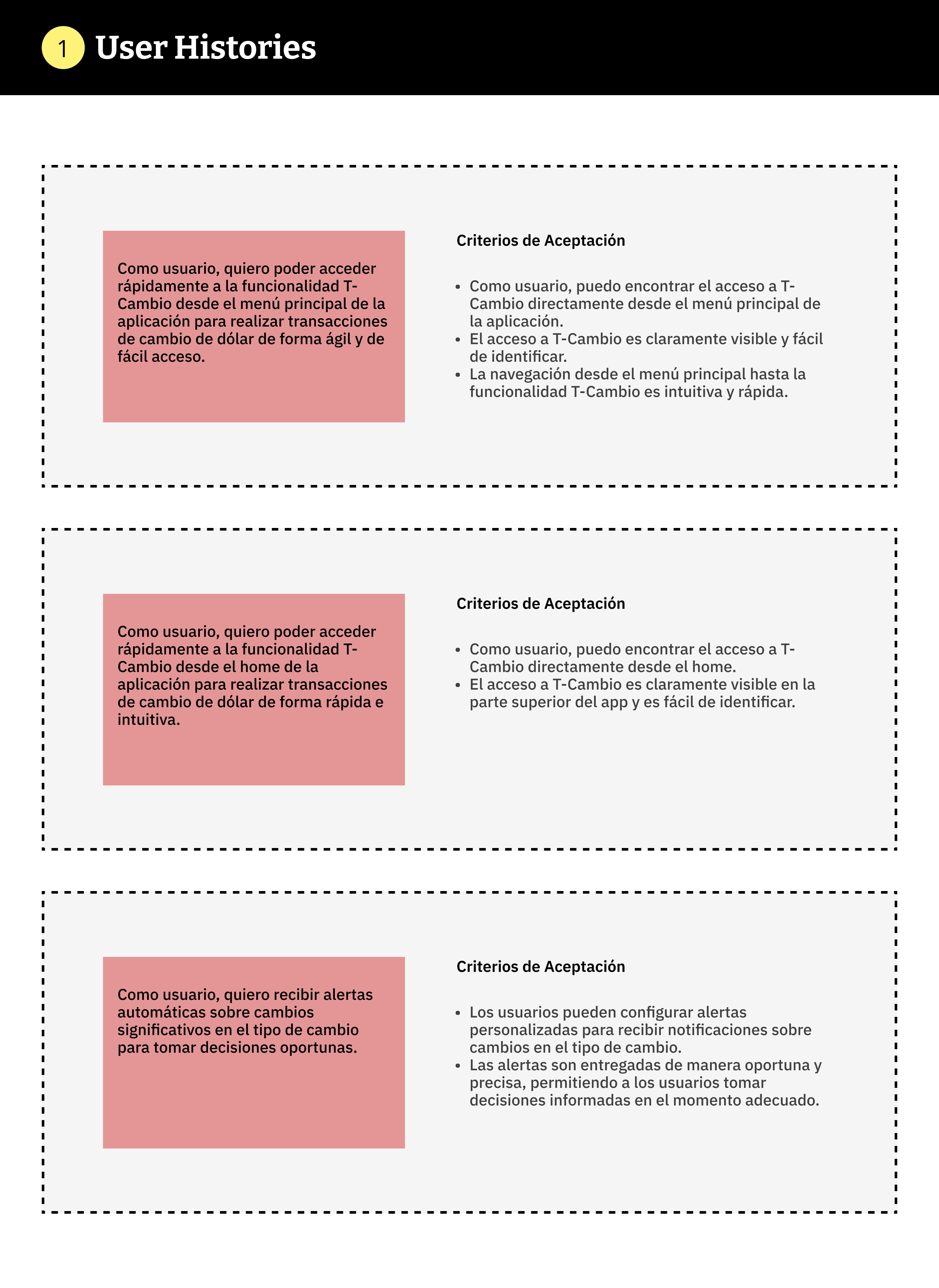 User stories for the T-Cambio feature